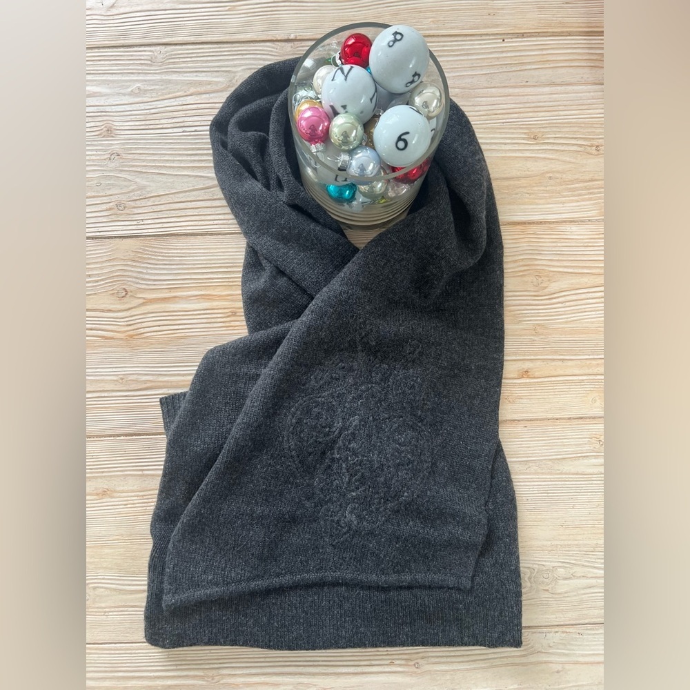 Ralph Lauren Cashmere-Blend Hooded Scarf – Charcoal Gray, Crest Detail